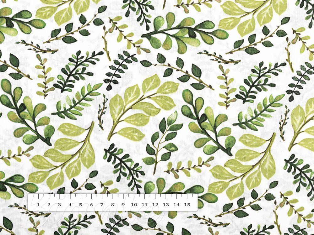 Bavlnená látka/plátno Sandra SA-426 Zelené vetvičky s lístkami na bielom - šírka 145 cm - detail 3 - Biante.sk