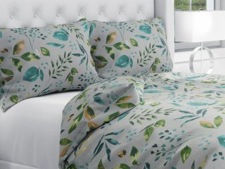 Bavlnené posteľné obliečky Sandra SA-430 Modro-zelené listy na sivom - Biante.sk
