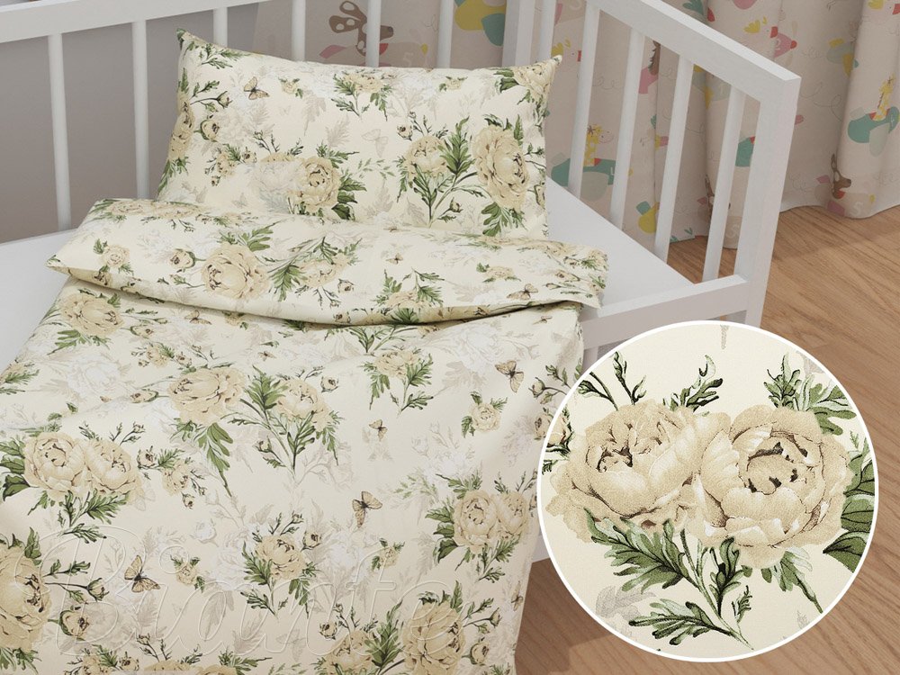 Detské bavlnené posteľné obliečky do postieľky Sandra SA-473 Pivonky s motýlikmi na vanilkovom - Biante.sk