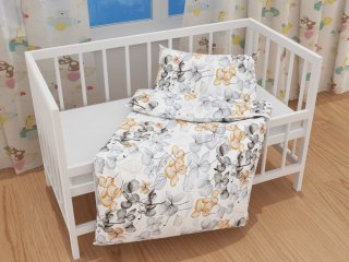 Detské bavlnené posteľné obliečky do postieľky Sandra SA-367 Sivo-oranžové kvety na bielom - detail 1 - Biante.sk