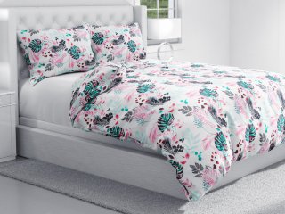 Bavlnené posteľné obliečky Sandra SA-413 Ružové a zelené tropické listy na bielom