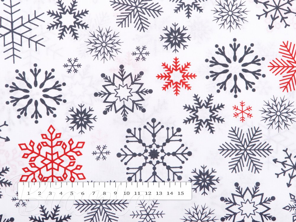 Vánoční bavlněná látka/plátno Sandra SA-181 Červené a černé vločky na bílém - šířka 160 cm - detail 2 - Biante.cz