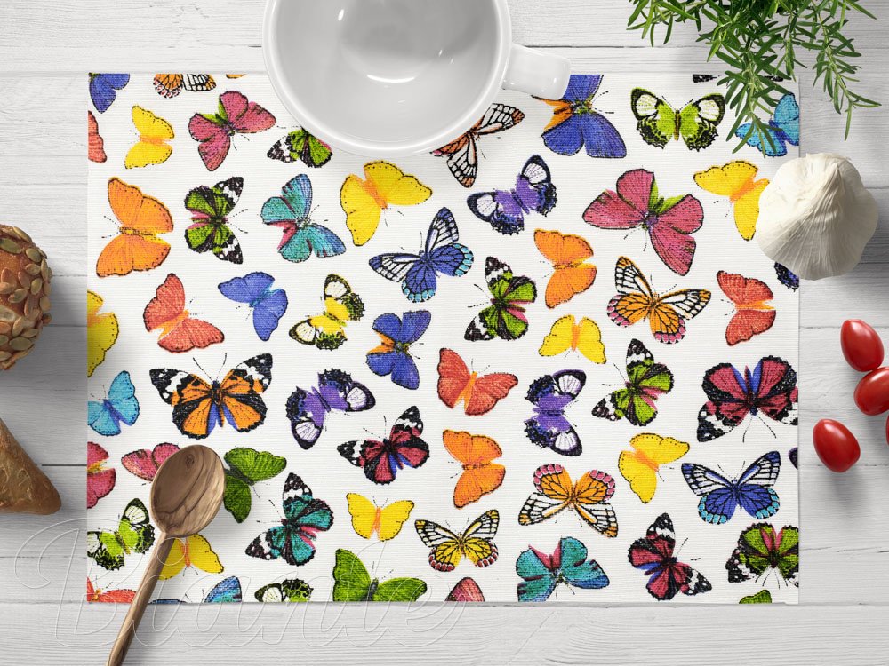Dekoračné prestieranie na stôl Leona LN-062 Farebné motýliky na bielom - Biante.sk
