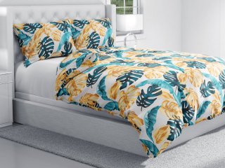 Bavlnené posteľné obliečky Sandra SA-500 Modrozelené a zlaté tropické listy - detail 1 - Biante.sk