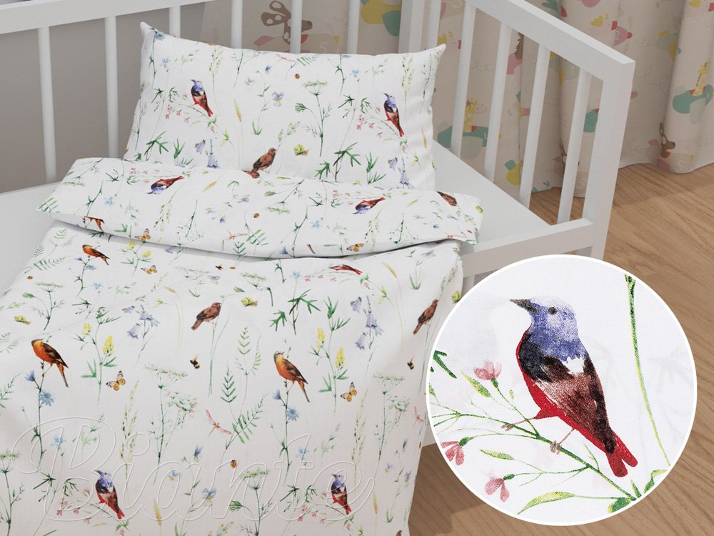 Detské bavlnené posteľné obliečky do postieľky Sandra SA-392 Lúčne kvietky s vtáčikmi - Biante.sk