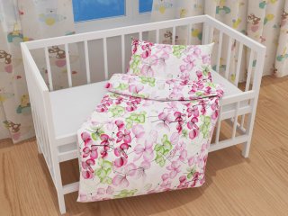 Detské bavlnené posteľné obliečky do postieľky Sandra SA-366 Ružovo-zelené kvety na bielom - detail 1 - Biante.sk