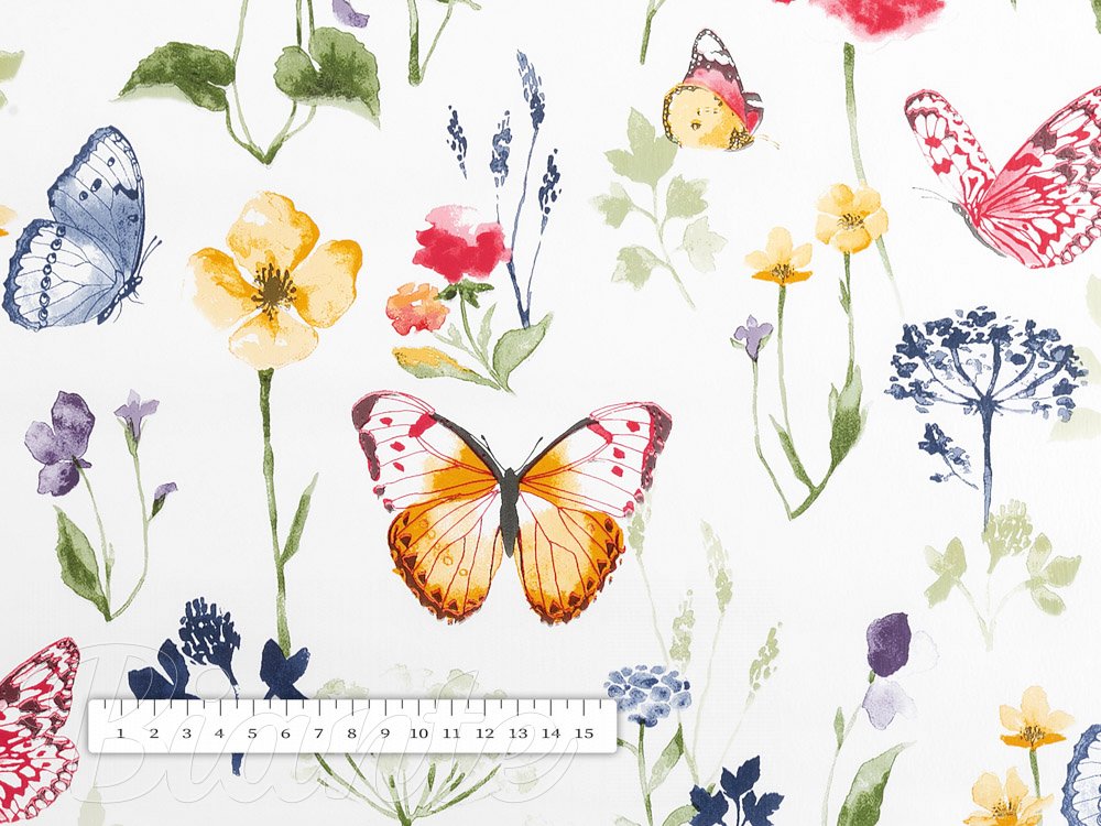 PVC ubrus Jarní květiny s motýlky na bílém PV-097 - metráž š. 140 cm - detail 2 - Biante.cz
