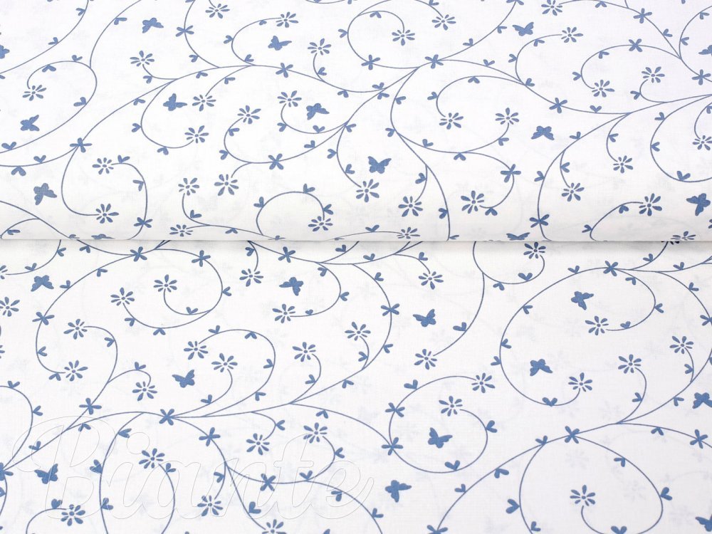 Bavlnená látka/plátno Sandra SA-051 Drobné modré kvietky a motýliky na bielom - šírka 140 cm - detail 4 - Biante.sk