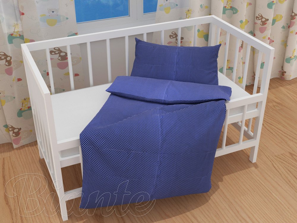 Detské bavlnené posteľné obliečky do postieľky Sandra SA-338 Biele bodky na modrom - detail 1 - Biante.sk