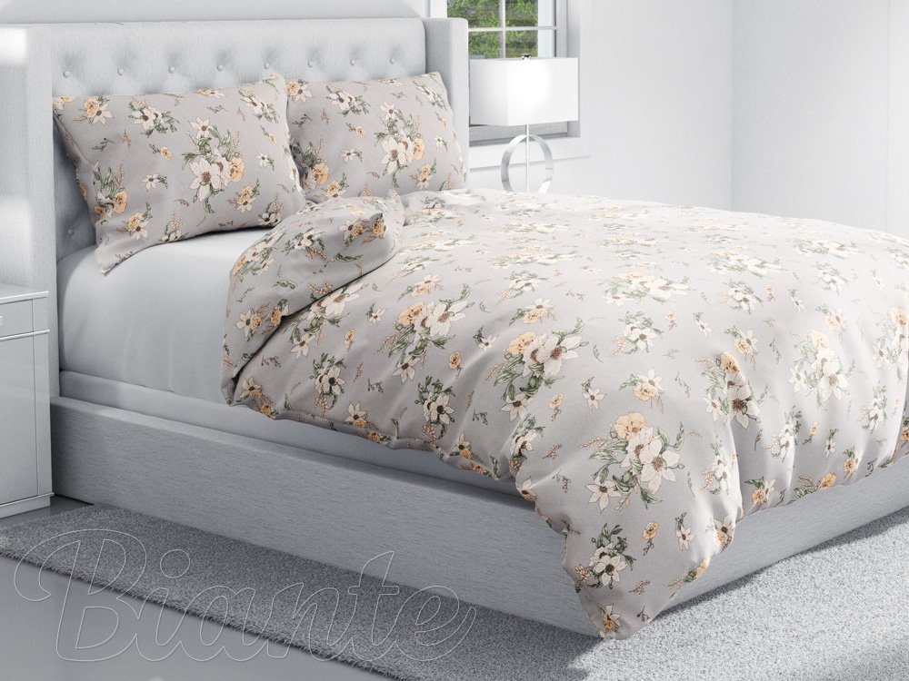 Bavlnené posteľné obliečky Sandra SA-465 Oranžové kvety na sivom - detail 1 - Biante.sk