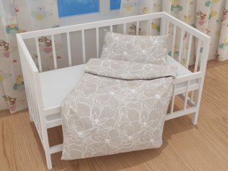Detské bavlnené posteľné obliečky do postieľky Sandra SA-270 Biele designové kvety na béžovom - detail 1 - Biante.sk