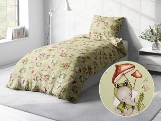 Detské bavlnené posteľné obliečky Sandra SA-474 Žabky a zvieratká medzi hubami na zelenom - Biante.sk