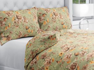 Bavlnené posteľné obliečky Sandra SA-472 Hnedé kvety magnólie na zelenom - Biante.sk