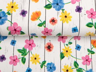 PVC obrus Farebné kvety na bielom drevodekore PV-110 - metráž š. 140 cm - detail 1 - Biante.sk