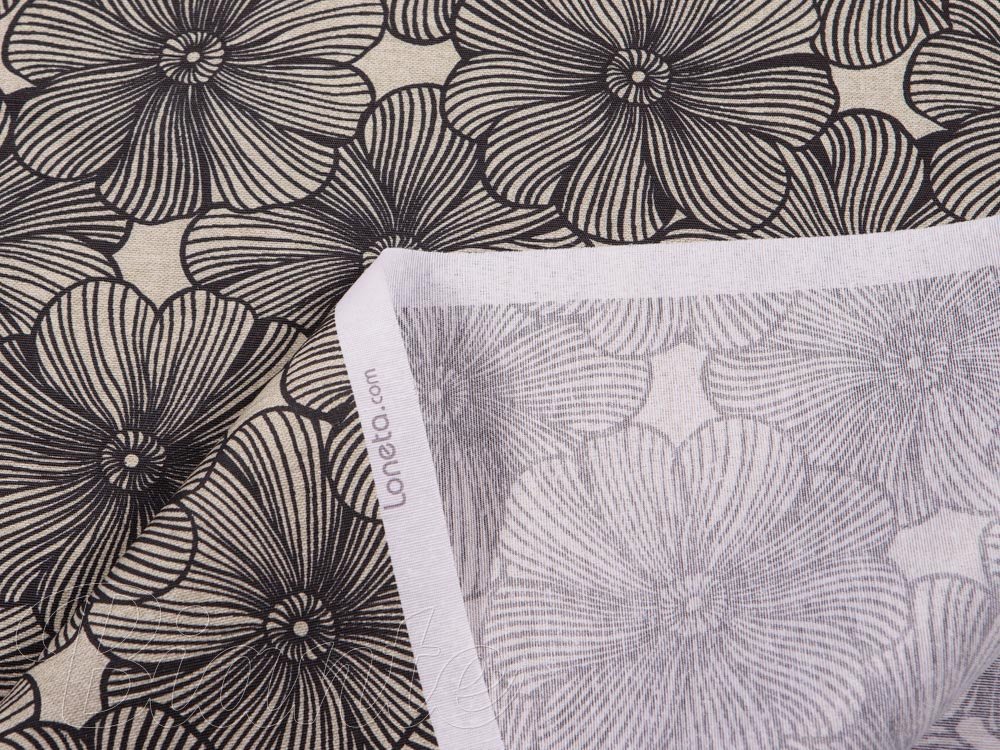 Dekoračná látka Leona LN-076 Čierne kvety na režnom - šírka 140 cm - detail 4 - Biante.sk
