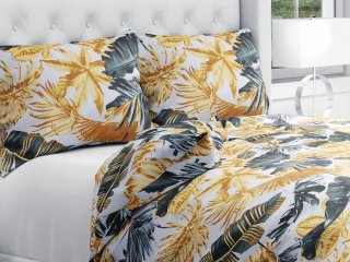 Bavlnené posteľné obliečky Sandra SA-388 Sivozelené a zlaté tropické listy na bielom - Biante.sk