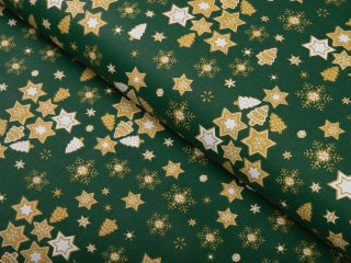 Vianočná bavlnená látka/plátno Sandra SA-407 Hviezdičky a stromčeky na zelenom - šírka 160 cm - Biante.sk