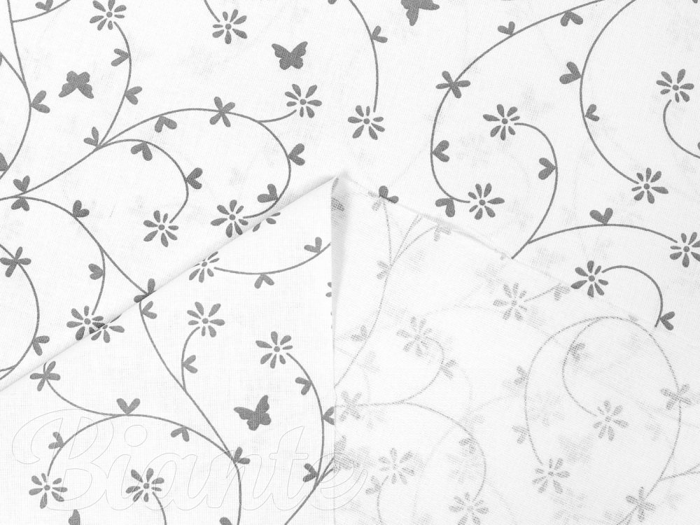 Bavlněná látka/plátno Sandra SA-049 Drobné šedé květiny a motýlci na bílém - šířka 145 cm - detail 3 - Biante.cz