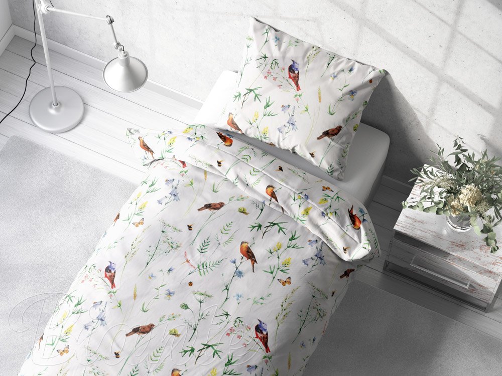 Bavlnené posteľné obliečky Sandra SA-392 Lúčne kvietky s vtáčikmi - detail 3 - Biante.sk