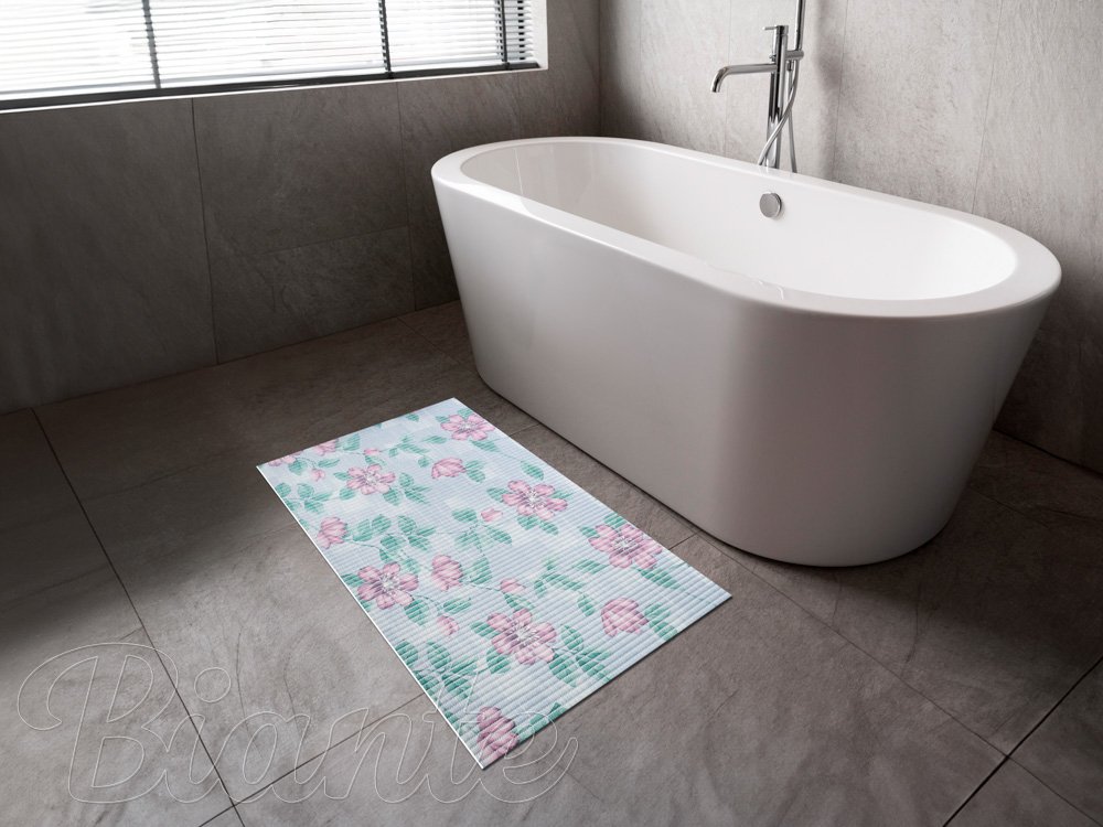 Kúpeľňová penová rohož / predložka PRO-063 Ružové kvety na modrom - metráž šírka 65 cm - detail 2 - Biante.sk