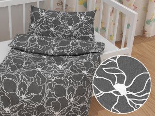 Detské bavlnené posteľné obliečky do postieľky Sandra SA-269 Biele designové kvety na sivom - Biante.sk