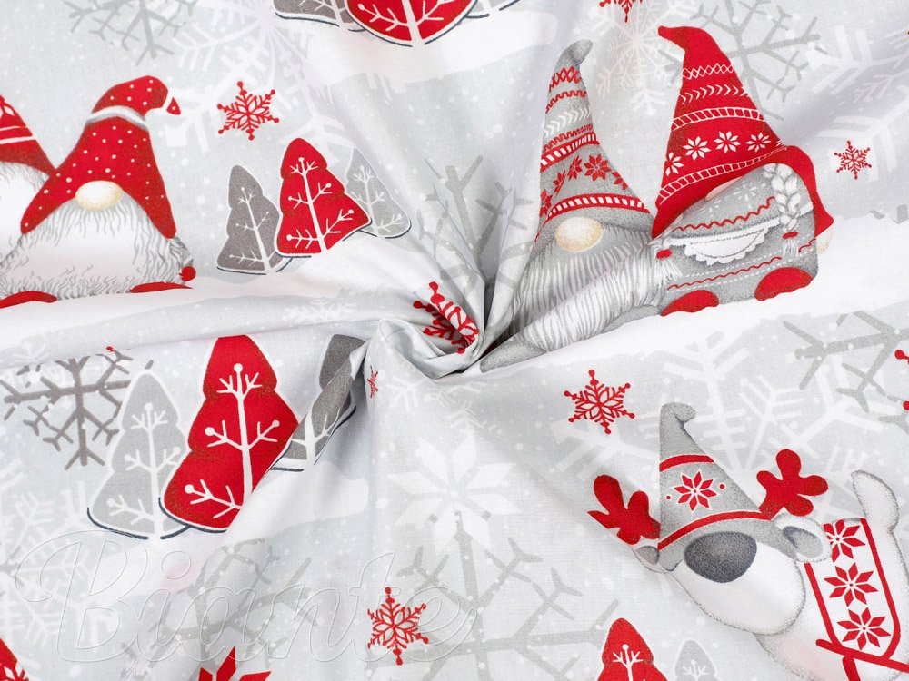 Vianočná bavlnená látka/plátno Sandra SA-133 Červení škriatkovia na svetlo sivom - šírka 160 cm - detail 2 - Biante.sk