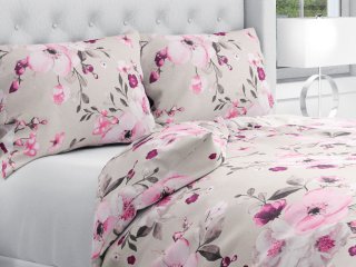 Bavlnené posteľné obliečky Sandra SA-494 Veľké ružové kvety na svetlo sivobéžovom - Biante.sk