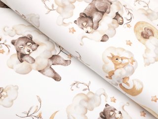 Detská bavlnená látka/plátno Sandra SA-456 Medvedíkovia zajačikovia a veveričky v oblakoch na bielom - šírka 160 cm