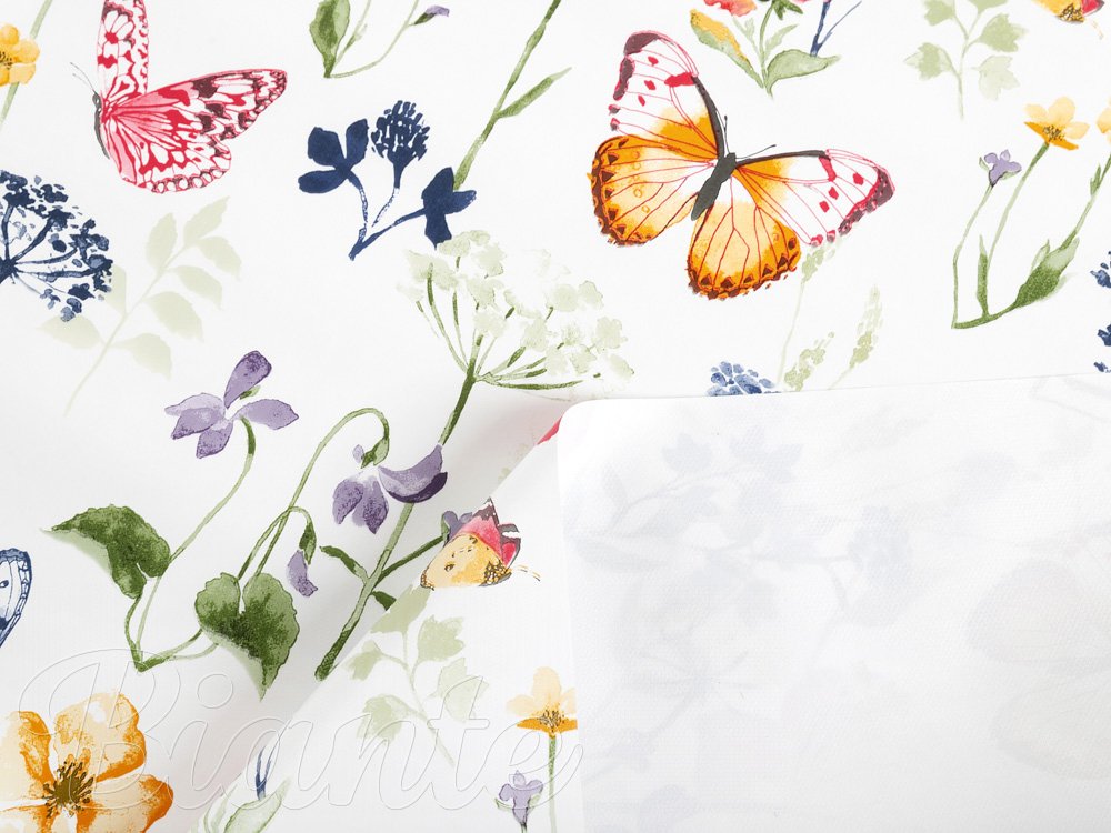 PVC ubrus Jarní květiny s motýlky na bílém PV-097 - metráž š. 140 cm - detail 3 - Biante.cz