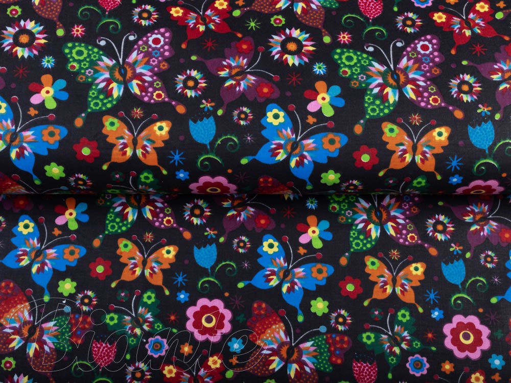 Bavlnená látka/plátno Sandra SA-321 Farebné motýliky na čiernom - šírka 150 cm - detail 1 - Biante.sk