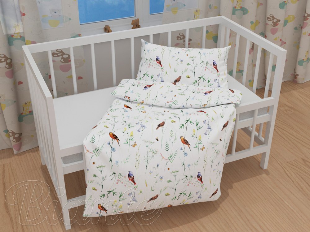 Detské bavlnené posteľné obliečky do postieľky Sandra SA-392 Lúčne kvietky s vtáčikmi - detail 1 - Biante.sk