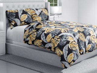Bavlnené posteľné obliečky Sandra SA-228 Sivé a zlaté tropické listy na čiernom - detail 1 - Biante.sk