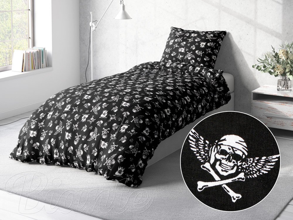 Bavlnené posteľné obliečky Sandra SA-104 Biele pirátske lebky na čiernom - detail 2 - Biante.sk