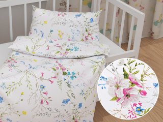 Detské bavlnené posteľné obliečky do postieľky Sandra SA-453 Modro-ružové kvety na bielom - Biante.sk
