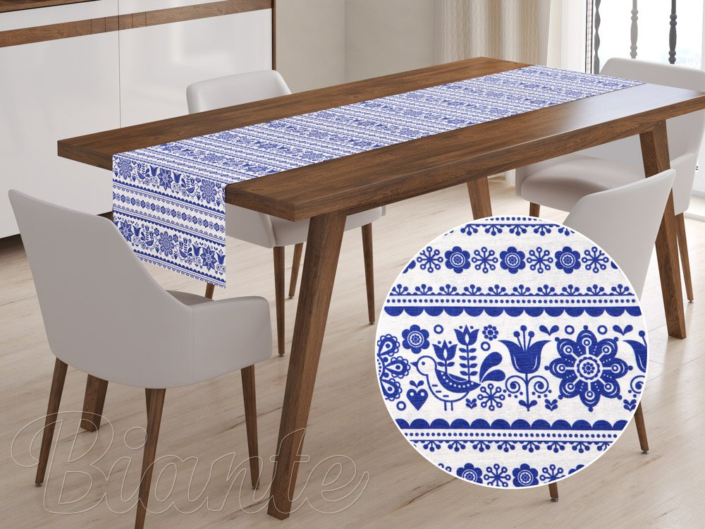Dekoračný behúň na stôl Leona LN-083 Modrobiely ľudový vzor - Biante.sk