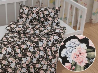 Detské bavlnené posteľné obliečky do postieľky Sandra SA-449 Modro-ružové kvety na čiernom - Biante.sk