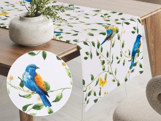 Bavlnený behúň na stôl Sandra SA-501 Modré vtáky a vetvičky na bielom - Biante.sk