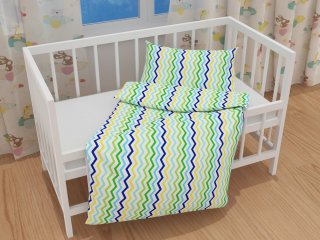 Detské bavlnené posteľné obliečky do postieľky Sandra SA-378 Zeleno-modro-žlté cik-cak pásiky - detail 1 - Biante.sk