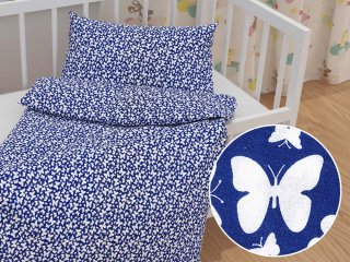 Detské bavlnené posteľné obliečky do postieľky Sandra SA-376 Biele motýliky na modrom - Biante.sk