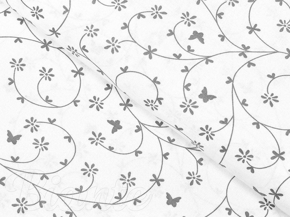 Bavlnená látka/plátno Sandra SA-049 Drobné sivé kvietky a motýliky na bielom - šírka 145 cm - detail 1 - Biante.sk