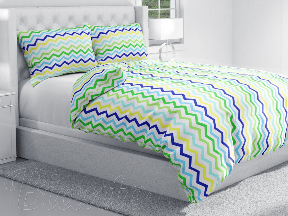 Bavlnené posteľné obliečky Sandra SA-378 Zeleno-modro-žlté cik-cak pásiky - detail 1 - Biante.sk