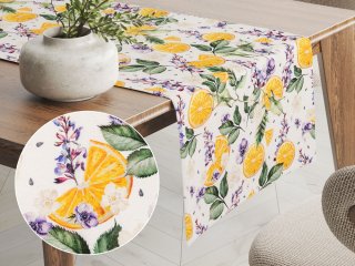 Dekoračný behúň na stôl PML-103 Pomaranče medzi kvetmi na bielom - Biante.sk