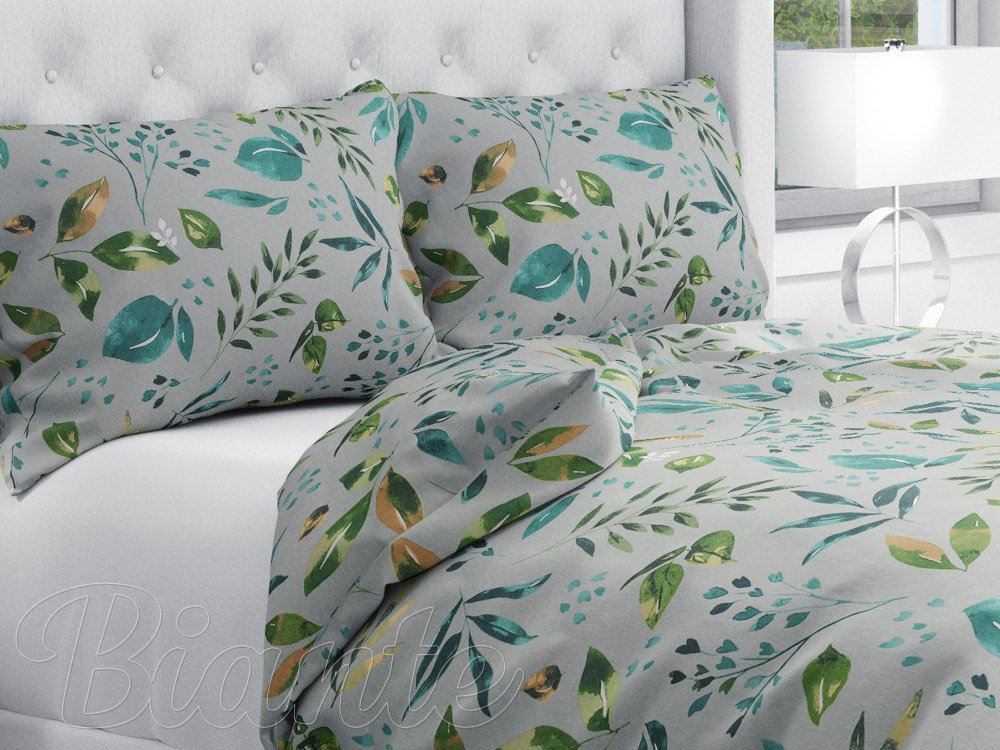 Bavlnené posteľné obliečky Sandra SA-430 Modro-zelené listy na sivom - Biante.sk