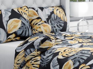 Bavlnené posteľné obliečky Sandra SA-228 Sivé a zlaté tropické listy na čiernom - Biante.sk