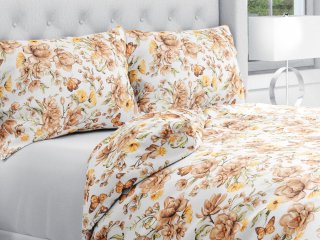 Bavlnené posteľné obliečky Sandra SA-458 Hnedé kvety magnólie s motýlikmi na bielom - Biante.sk