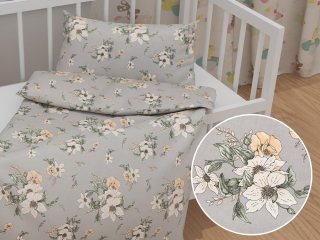 Detské bavlnené posteľné obliečky do postieľky Sandra SA-465 Oranžové kvety na sivom - Biante.sk