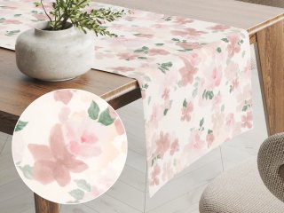 Zamatový behúň na stôl Tamara TMR-036 Ružovo-béžové akvarelové kvety na bielom - Biante.sk