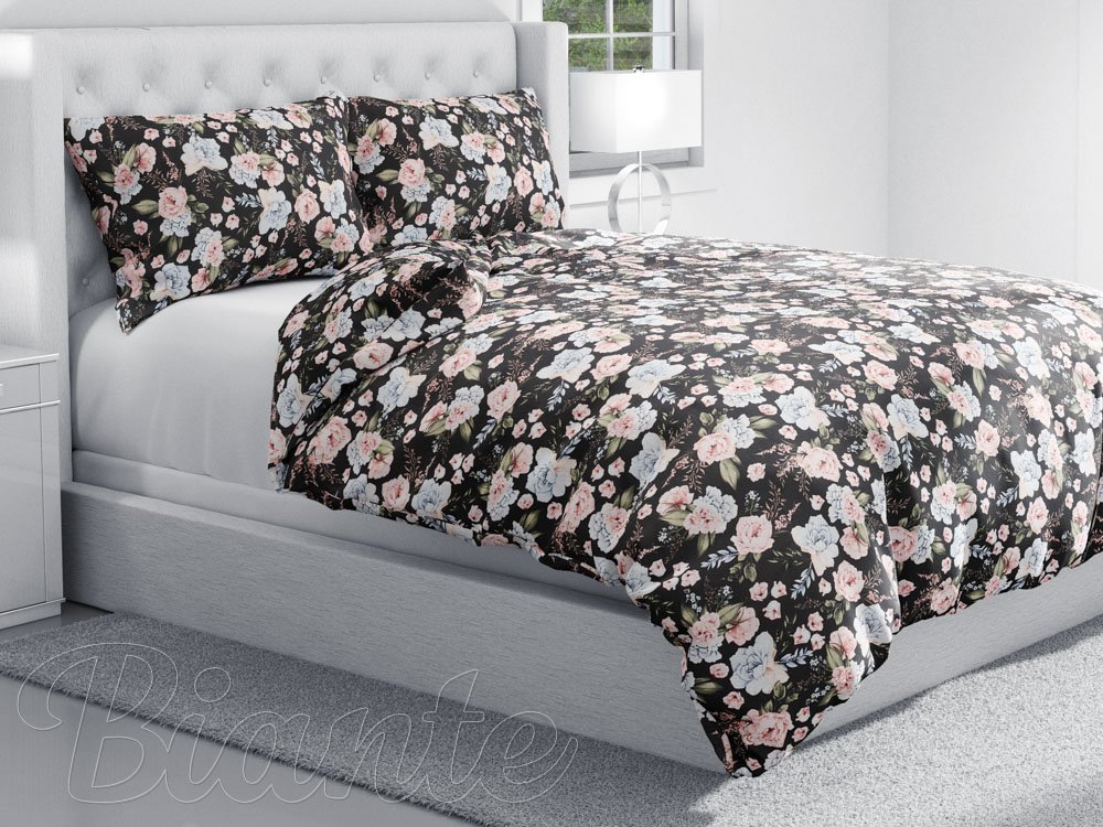 Bavlnené posteľné obliečky Sandra SA-449 Modro-ružové kvety na čiernom - detail 1 - Biante.sk