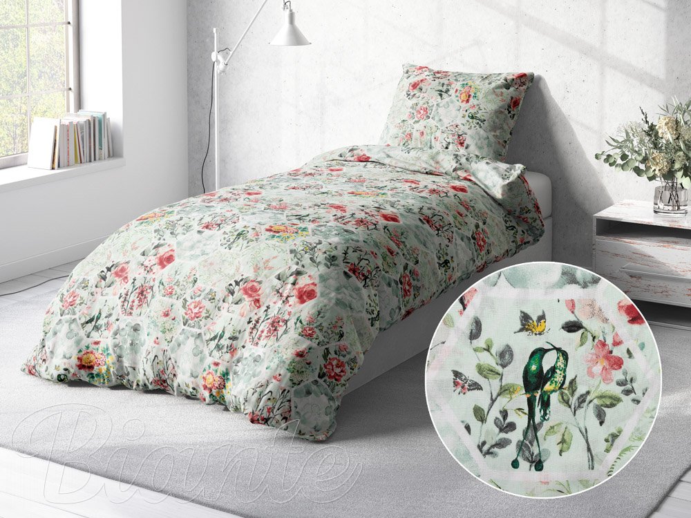 Bavlnené posteľné obliečky Sandra SA-415 Kvety na mintovom hexagóne - detail 2 - Biante.sk