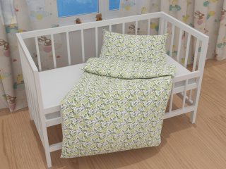 Detské bavlnené posteľné obliečky do postieľky Sandra SA-426 Zelené vetvičky s lístkami na bielom - detail 1 - Biante.sk